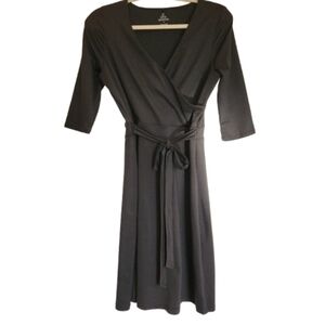 Prana LBD Faux Wrap Dress With Tie Size S Crossover V-Neck 3/4 Sleeve Stretchy
